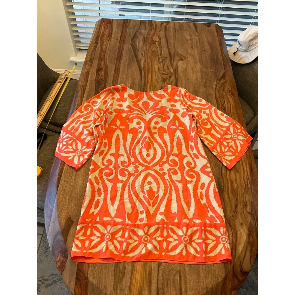 Alice & Trixie Silk Tunic Dress Medium Coral Orange Bell Sleeve Ikat Cover Up - Picture 14 of 15